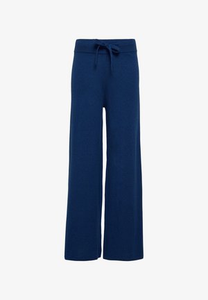 Navyblaue lässige Stoffhosen mit einem Tunnelzugbund. Aus weichem, strukturiertem Material gefertigt und mit einer lockeren, schwingenden Silhouette.