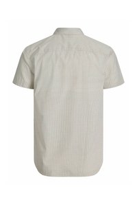 Chemise beige à manches courtes avec un petit motif ponctué foncé, vue de dos avec un col classique.
