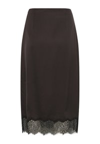 Jupe noire en satin longueur genou avec délicate bordure en dentelle noire à l'ourlet, coupe droite et texture lisse.