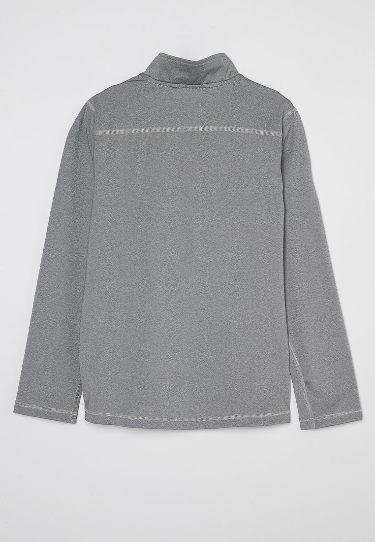 Grau langärmliges Hemd mit einem Kragen, das eine glatte Textur und subtile Nähte aufweist. Die Rückseite hat ein schlichtes Design.