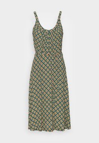 Blommig sommardress med grön bakgrund, med en figursydd överdel, spaghettiband och en svängig kjol. Mönstret inkluderar orange och gula blommor.