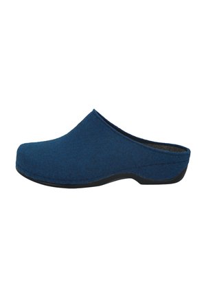 Blue felt clog with a rounded toe, smooth texture, and a black rubber sole. Features a slightly elevated back and a seamless design.