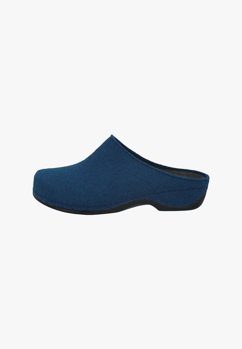 Blue felt clog with a rounded toe, smooth texture, and a black rubber sole. Features a slightly elevated back and a seamless design.