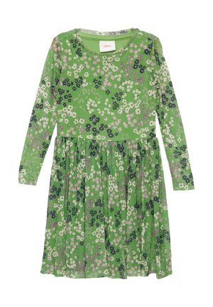Zielona sukienka z długimi rękawami, ozdobiona kwiatowym wzorem w białe, różowe i czarne kwiaty. Rozszerzana spódnica i okrągły dekolt, wykonana z miękkiego materiału.