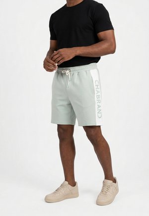 Man met zwart T-shirt, lichtgrijze korte broek met trekkoord, witte zijpanelen en tekst "CHABRAND," en beige sneakers, staand tegen een witte achtergrond.