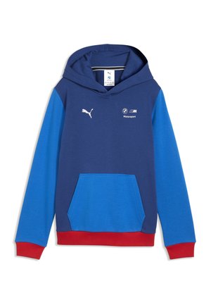 Blå og marineblå hættetrøje med røde manchetter og kant, forlomme, Puma- og BMW Motorsport-logoer på brystet, lange ærmer.