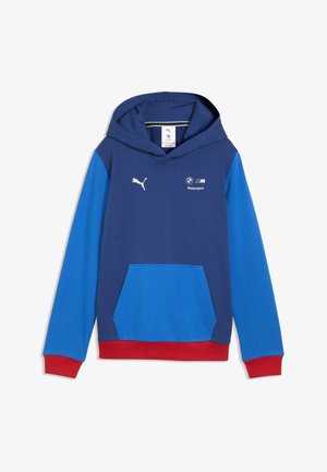 Sweat à capuche bleu et marine avec poignets et ourlet rouges, poche avant, logos Puma et BMW Motorsport sur la poitrine, manches longues.