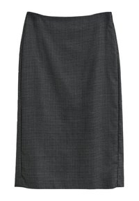Jupe crayon longueur genou avec un motif pied de poule noir et gris et un ourlet droit.