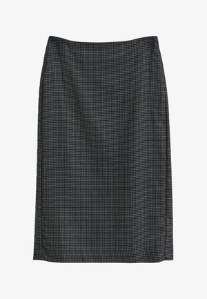 Falda lápiz de longitud hasta la rodilla con patrón de tejido de punta en negro y gris y dobladillo recto.