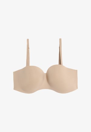 Nøgen strapless bh med formede skåle og glat materiale. Har tynde justerbare stropper og et sømløst design til diskret brug.