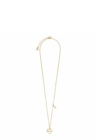 Złoty naszyjnik z łańcuszka z zawieszką w kształcie serca z napisem "Mama" oraz małym akcentem z białej perły.