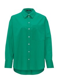 Groene overhemd met een puntige kraag, lange mouwen en een patch-pocket. Gemaakt van een gladde stof met een effen kleur en een ronde zoom.