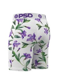 Bóxer para hombre con base blanca, que presenta un patrón floral colorido de flores moradas y hojas verdes. Cintura elástica con el logo "PSD".
