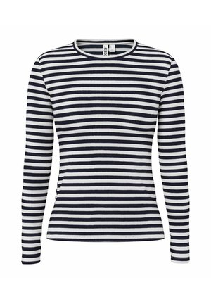 Langärmelig, geripptes Strickoberteil mit schmalen schwarzen und weißen horizontalen Streifen und einem runden Ausschnitt.