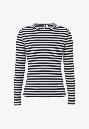 Langärmelig, geripptes Strickoberteil mit schmalen schwarzen und weißen horizontalen Streifen und einem runden Ausschnitt.