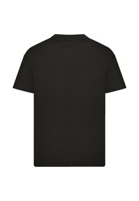 Black short-sleeve t-shirt made of cotton. Simple design with a rounded neckline and straight cut, featuring a smooth, matte texture.