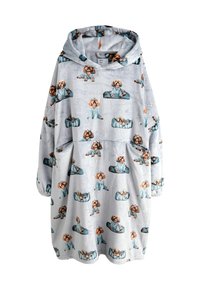 Sudadera con capucha de gran tamaño en gris claro, con un patrón repetitivo de pequeños perros vistiendo pijamas azules en diversas posiciones sentadas y acostadas.