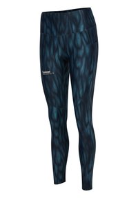 Mørkeblå mønstrede træningsleggings med høj talje og lille hvid Hummel-logo på øverste lår.