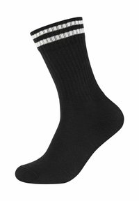 Schwarze Socke mit gerippter Textur, die oben drei weiße Streifen hat. Klassisches Design, in mittlerer Wadenlänge, hergestellt aus einer Materialmischung.