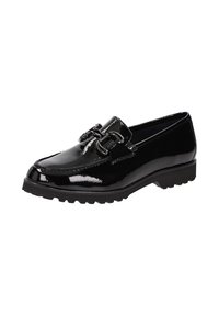 Black patent leather loafers with a textured finish, featuring a decorative buckle and a sturdy, grooved rubber sole.