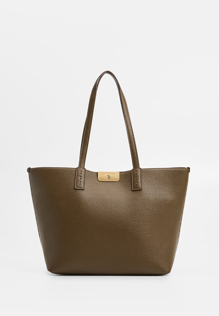 Bolso tote de cuero marrón con un acabado texturizado, que cuenta con dos asas y un detalle de hardware dorado en la parte frontal.