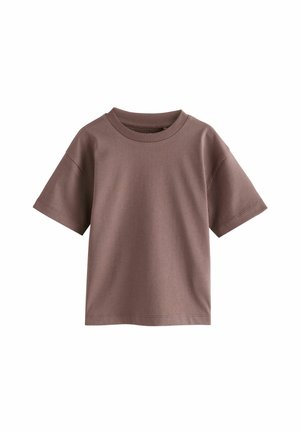 Kurzärmliges T-Shirt in gedecktem Braun, aus weichem Stoff, mit rundem Halsausschnitt und lockerer Passform. Glatte Textur, minimale Nähdetails.