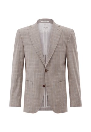 Beiger einreihiger Blazer mit braunen Knöpfen, mit Karomuster und Kerbkragen, auf weißem Hintergrund präsentiert.