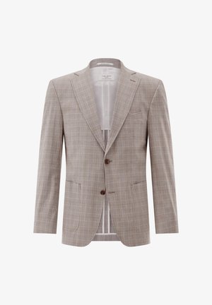 Beiger einreihiger Blazer mit braunen Knöpfen, mit Karomuster und Kerbkragen, auf weißem Hintergrund präsentiert.