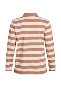 Long-sleeve polo shirt featuring alternating beige and brown horizontal stripes, a collar, and a smooth cotton-like texture.