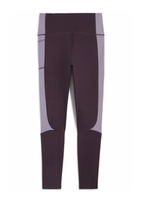 Sötét lila magas derekú leggings világos lila oldalsó panel részletekkel. Nyújtós anyag, lapos varratokkal és látható hardver részletek nélkül.