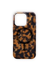 Transparent phone case featuring a brown and black tortoiseshell pattern, with a circular MagSafe compatibility area and smooth texture.