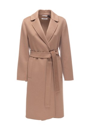 Cappotto in misto lana beige con colletto a revers, maniche lunghe, design avvolgente, cintura regolabile e due tasche laterali. Texture liscia.