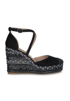 Scarpe con tacco a zeppa nere con cinturino alla caviglia, upper in suede nero texture e tacco intrecciato con motivi vari, decorato con perline e trecce.