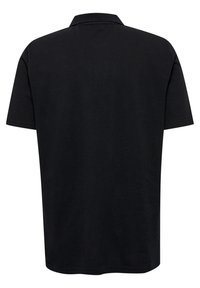 Black polo shirt, short sleeves, classic collar, plain design, soft cotton blend fabric, straight hem, suitable for casual wear.