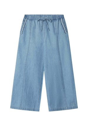 Hellblaue, weit geschnittene Denim-Hose mit elastischem Bund, Tunnelzug zum Binden und dekorativem Besatz entlang der vorderen Taschen.