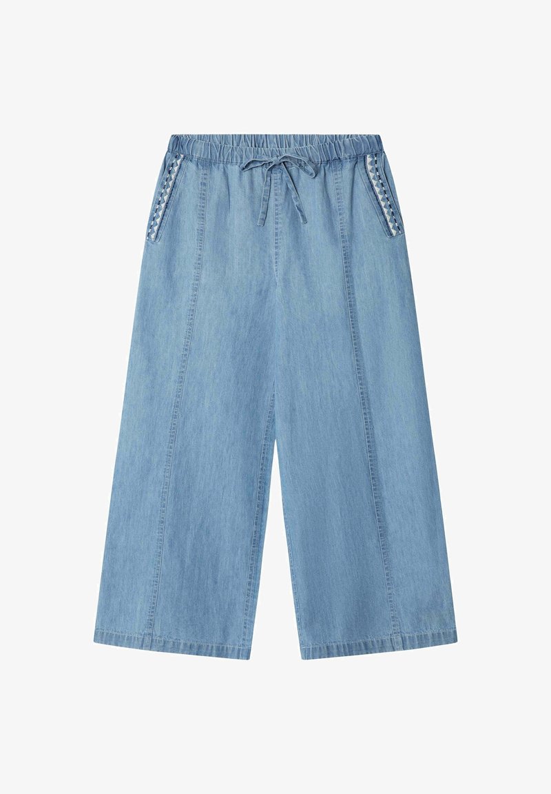 Lyseblå denimbukser med vide ben, elastisk talje, snøre og dekorativ kant langs forlommerne.