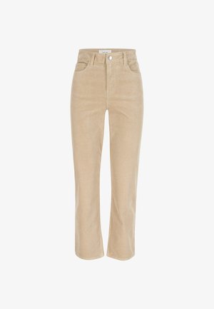 Pantalones de pana beige con cintura alta, diseño de pierna recta, bolsillos frontales y una sutil textura de estrías verticales. Detalle de botón de metal en la cintura.