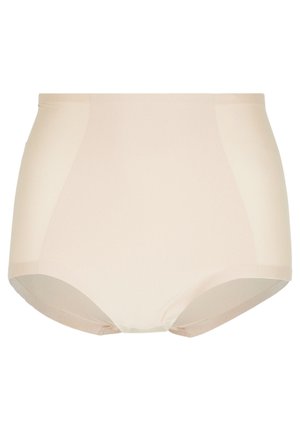 Beige hoge taille ondergoed van gladde stof. Heeft een naadloos ontwerp met een comfortabele elastische tailleband en geen zichtbare stiksels.