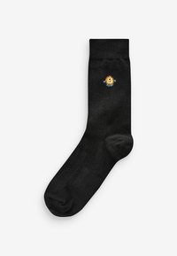 Black sock with a smooth texture, featuring a colorful embroidered sun design on the side. Casual style enhances versatility in wear.
