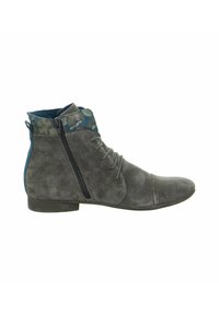 Gray suede ankle boot with a flat sole, side zipper, and decorative patterned collar. Features lace-up front for adjustable fit.