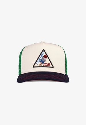 Baseball cap with green mesh sides, white front, navy blue brim, and a triangular patch featuring a red, white, and blue rocket ice pop design.