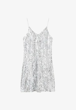 Srebrna sequinska top brez rokavov z tankimi naramnicami, z V-izrezom in ohlapnim krojem. Bleščeča tekstura zaradi številnih odbojenih sekvenc.