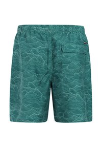 Shorts de bain verts à motifs avec un design de vagues, une taille élastique et une poche arrière à fermeture par bouton.