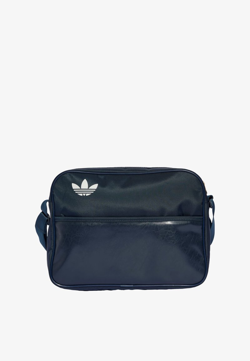 Borsa a spalla blu navy realizzata in materiale sintetico, con tasca frontale con zip e logo bianco. Texture liscia con forma rettangolare.