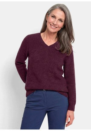 Lächelnde Frau mittleren Alters mit grauen Haaren, die einen lila Strickpullover und blaue Hosen trägt, vor einem schlichten hellen Hintergrund stehend.
