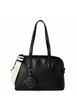 Borsa in pelle nera testurizzata con due spallacci, una tracolla bianca staccabile e una piccola pochette rotonda per le monete attaccata.