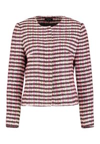 Blazer à carreaux rose et noir avec un col rond, des manches longues et un tissu texturé. Dispose d'une fermeture à bouton à l'avant.