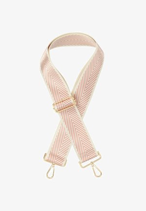 Cinghia a zigzag rosa e crema con hardware dorato, dotata di due clip girevoli per il fissaggio. Tessuto strutturato con un design piatto.