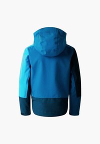Wasserfeste Jacke in Blau und Dunkelblau mit Kapuze, mit einem Farbblockdesign und strukturiertem Gewebe. Die Rückansicht zeigt die Details von Ärmeln und Saum.