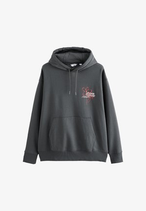 Hanorac gri confecționat dintr-un material moale, cu buzunar frontal, glugă cu șnur și un logo floral roșu cu text în zona pieptului stâng.